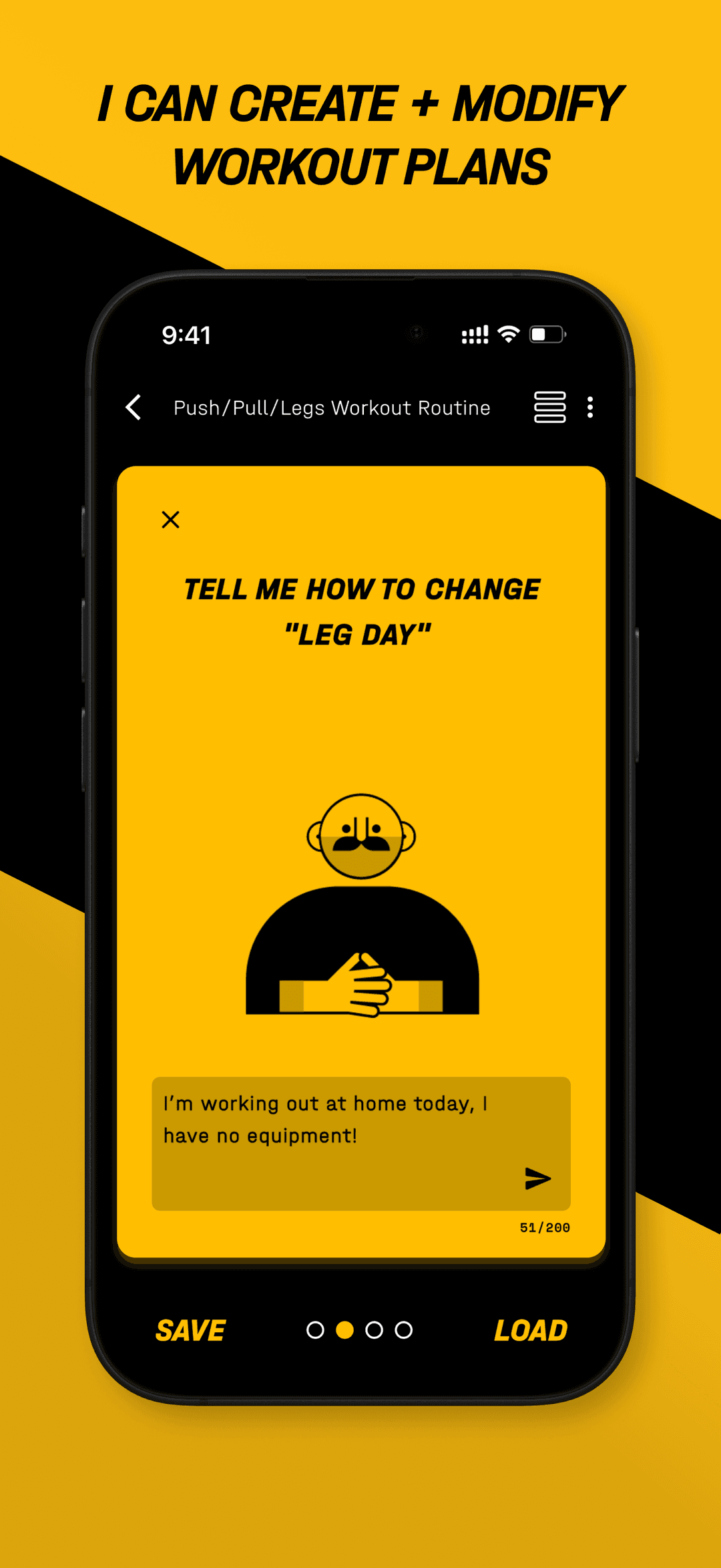 W8M8 AI chat editing a workout plan for a no equipment leg day